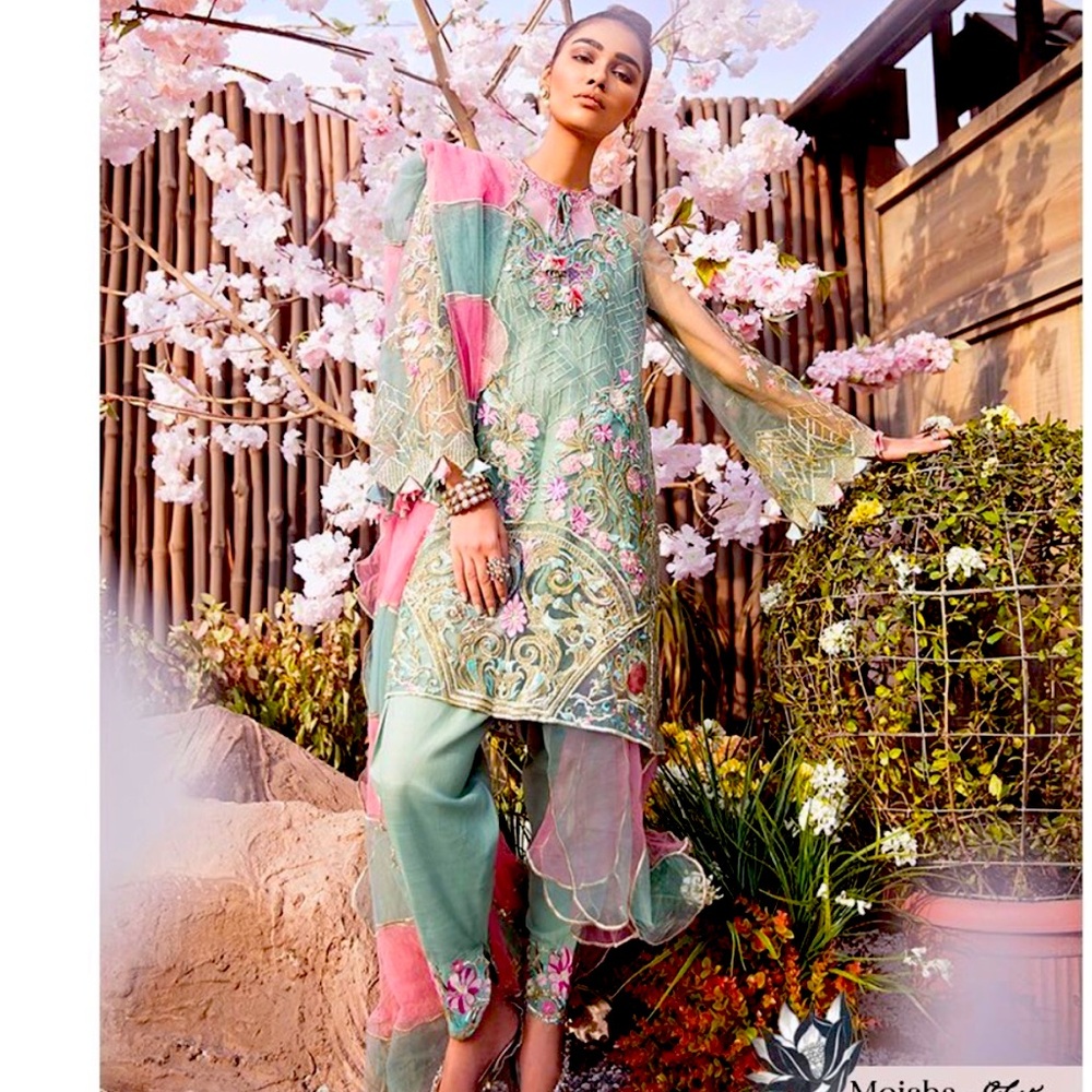 Floral Embroidered Green and Pink Outfit